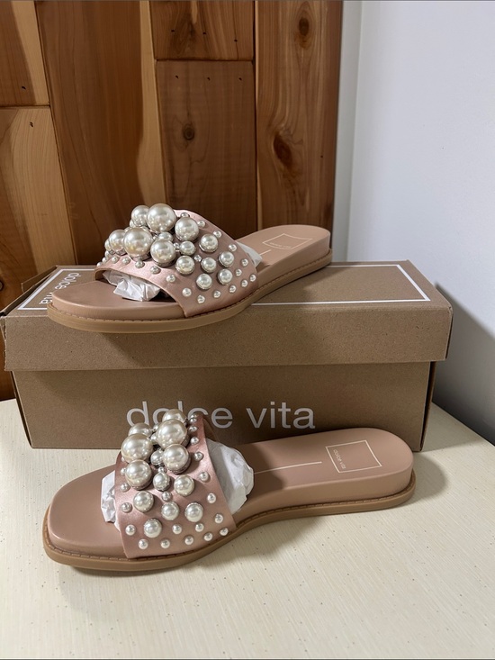 Dolce Vita Shoes - Dolce Vita Blush Pearl-Studded Slide Sandals